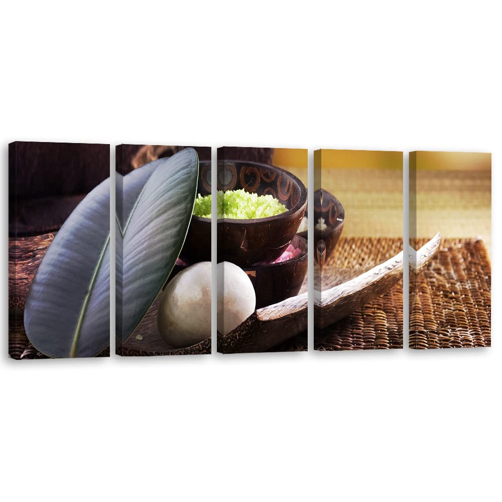 Feeby 5-teilig Vlies Leinwandbild 200x80 cm Badesalz Entspannung Großes Blatt Wand Bild Kunstdruck Deko Wohnzimmer Wohnungs Deko Innerer Frieden Stein Spa Braun
