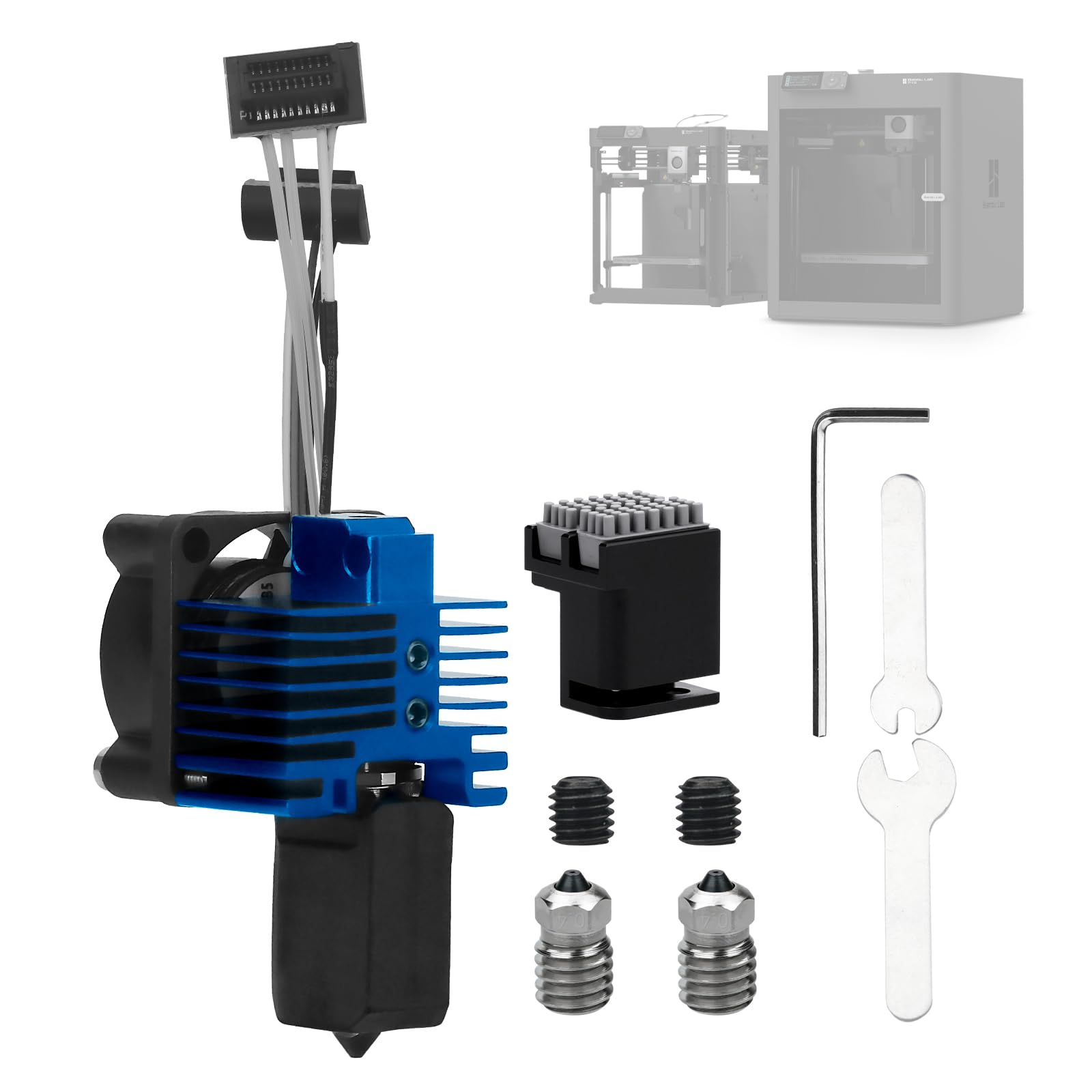 Bamboo Lab p1 p1s Hotend Complete Kit for p1 Series 3D Printer, Full Assembly Blue Hot End with Fan, Thermistor, 0.4mm Hardened Steel Nozzle+2pcs 0.4mm Bimetallic Nozzle-image-43