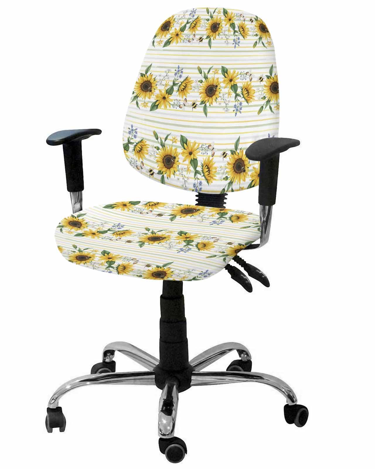 Sunflower 2 Pieces Computer Office Chair Covers Set,Stretchable Desk Rotating Chair Seat Cushion Slipcover Back Covers,Country Botanical Floral Butterfly Bee Striped Slipcover Back Cover Protector