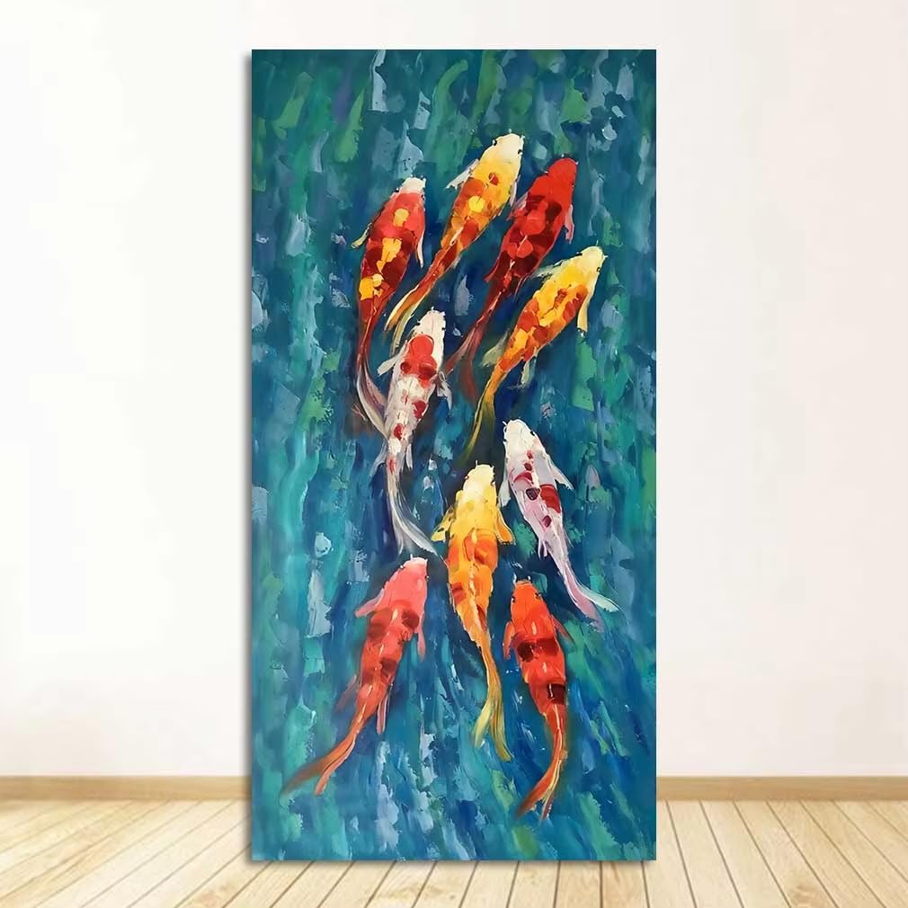 AEFOUU Abstract Nine Koi Fish Landscape Oil Painting on Canvas Poster for Living Room Modern Home Decor Wall Art Picture HD Print(70x120cm/28x47in/Frameless)