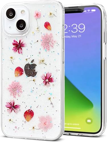 Miniatura 1 de Diseñada para iPhone 13, funda estética brillante transparente con diseño de flores naturales, TPU suave prensado floral real, a prueba de golpes,