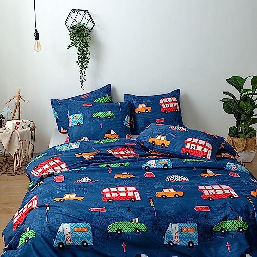 Kids Duvet Cover Twin Size, 3 Pieces Soft Lightweight Microfiber Duvet Cover Set, Blue Cars Boys Bedding Comforter Cover Set With Zipper Ties, 1 Duvet Cover And 2 Pillowcases, No Comforter #TOP2