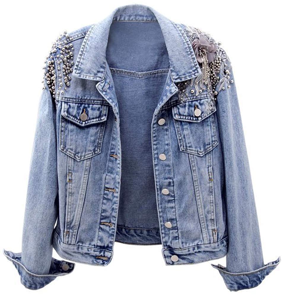 Kedera Damen Jeansjacke Langarm Westernnieten Nieten gewaschene Perlen Kurz Jeansmantel
