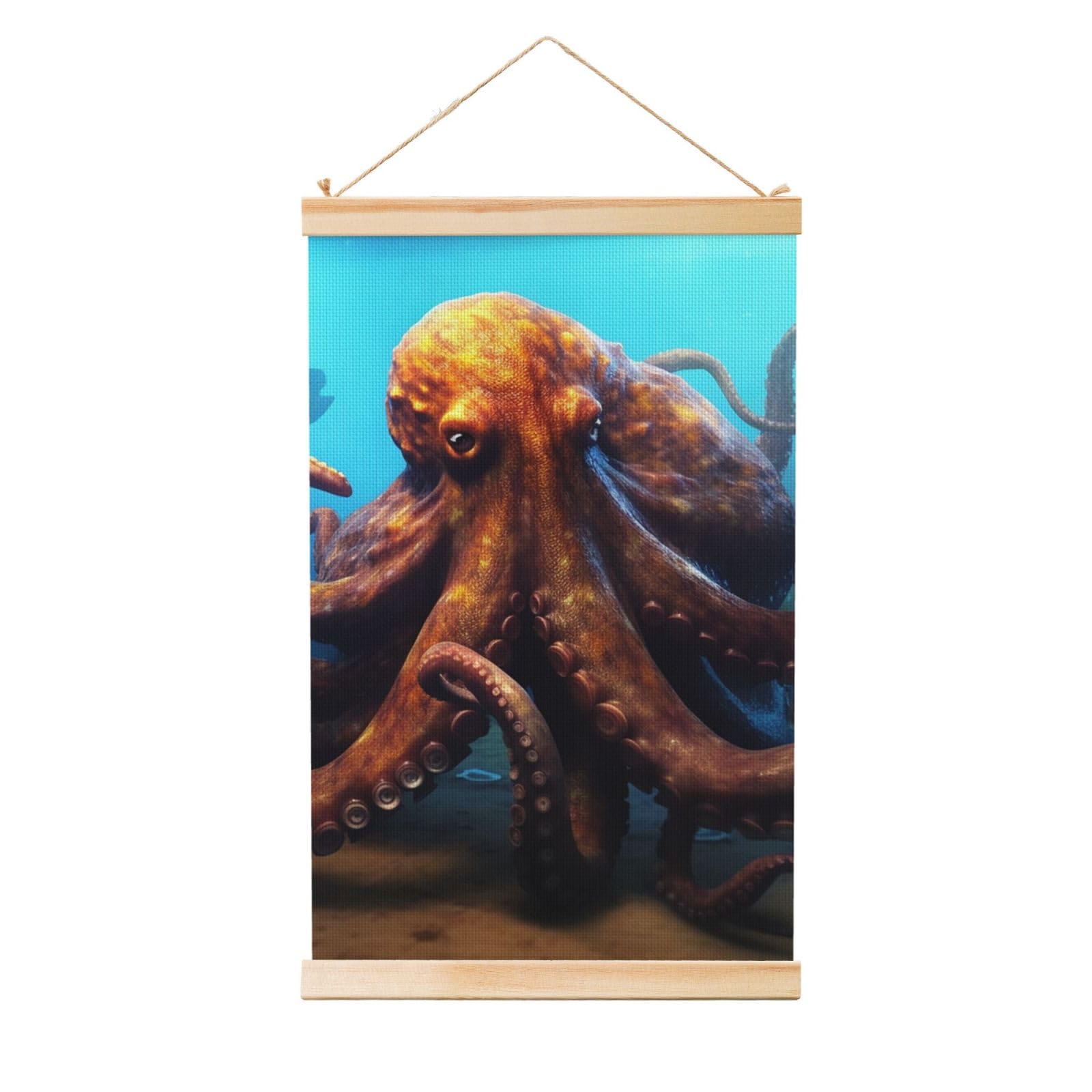 Huge Octopus Poster Wooden Shaft Hanging Poster Wall Hanging Banner Canvas Artwork with Wood Frames 16"x24" Modern Artwork Decor Ready to Hang Wall Art for Home Decor Scroll Painting