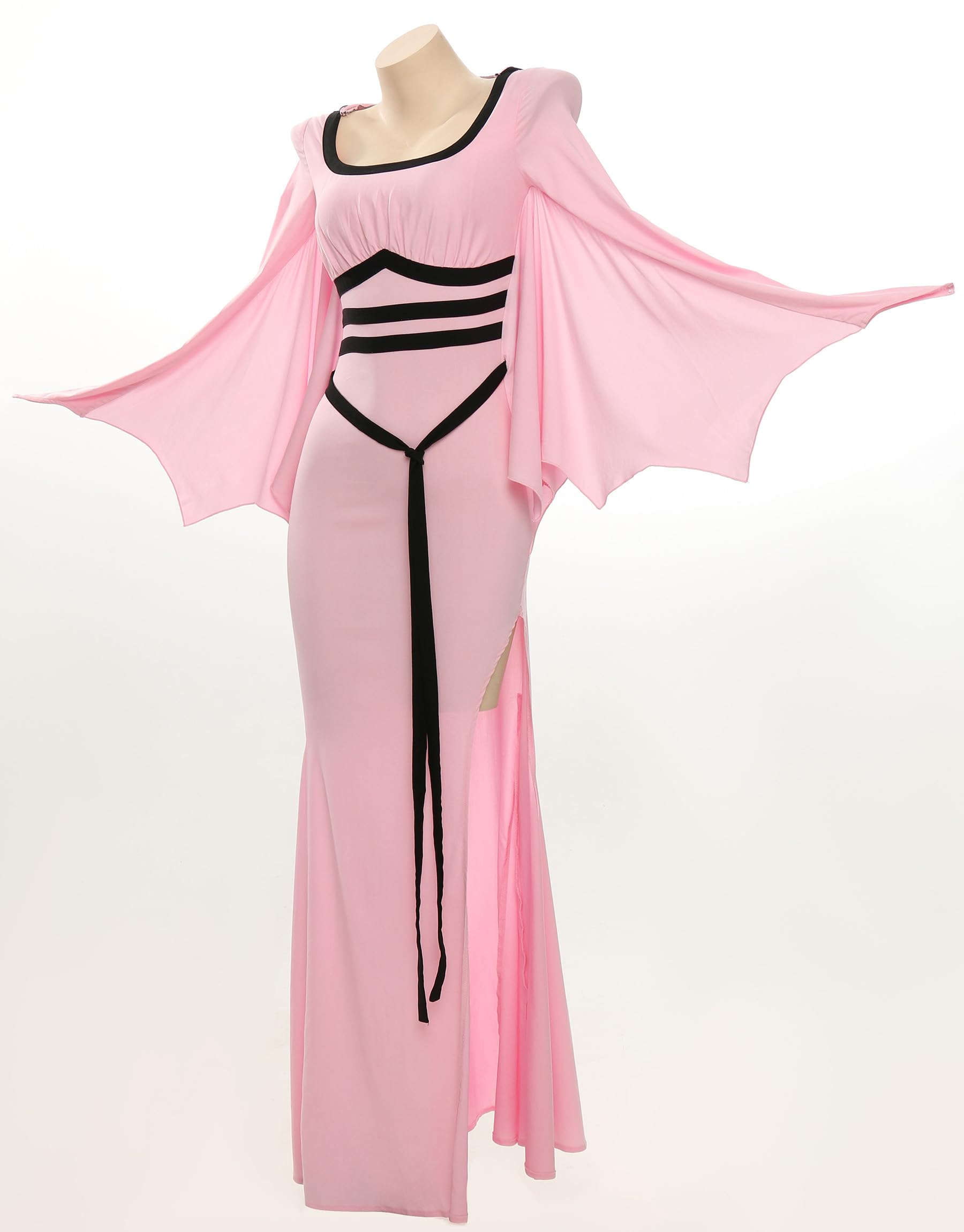 MEOWCOS Gothic Bodycon Dress Elegant Vampire Hood Dress Pink Slit Dress with Bat Hem Sleeves