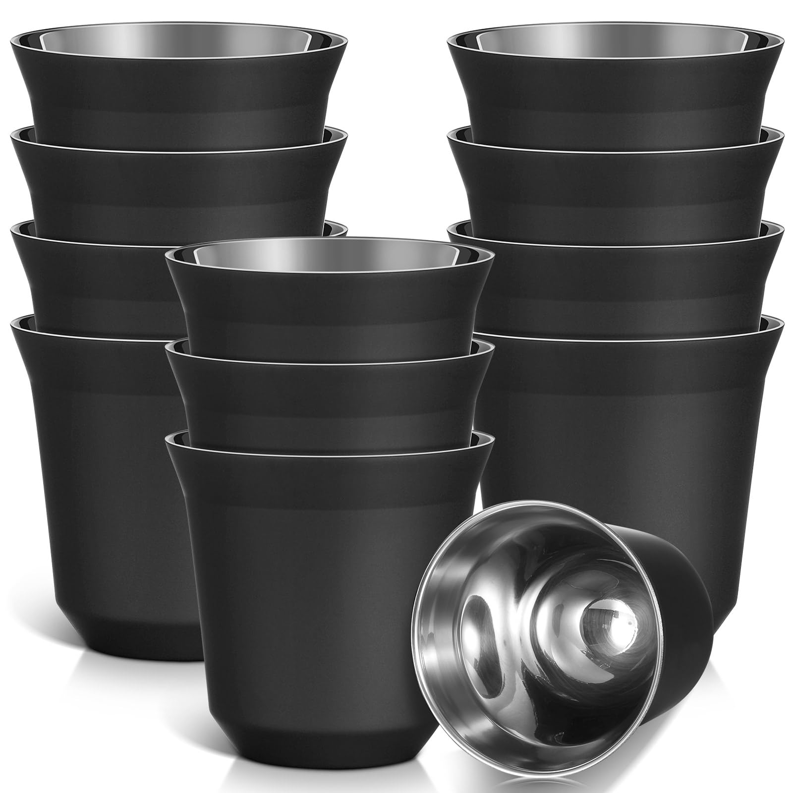 Hsei 12 Pcs 2.5 Oz/ 75 ml Stainless Steel Espresso Cups Metal Demitasse Cups Heat Resistant Espresso Shot Glass Double Wall Insulated Coffee Mug for Drinking Coffee Beverages (Black)