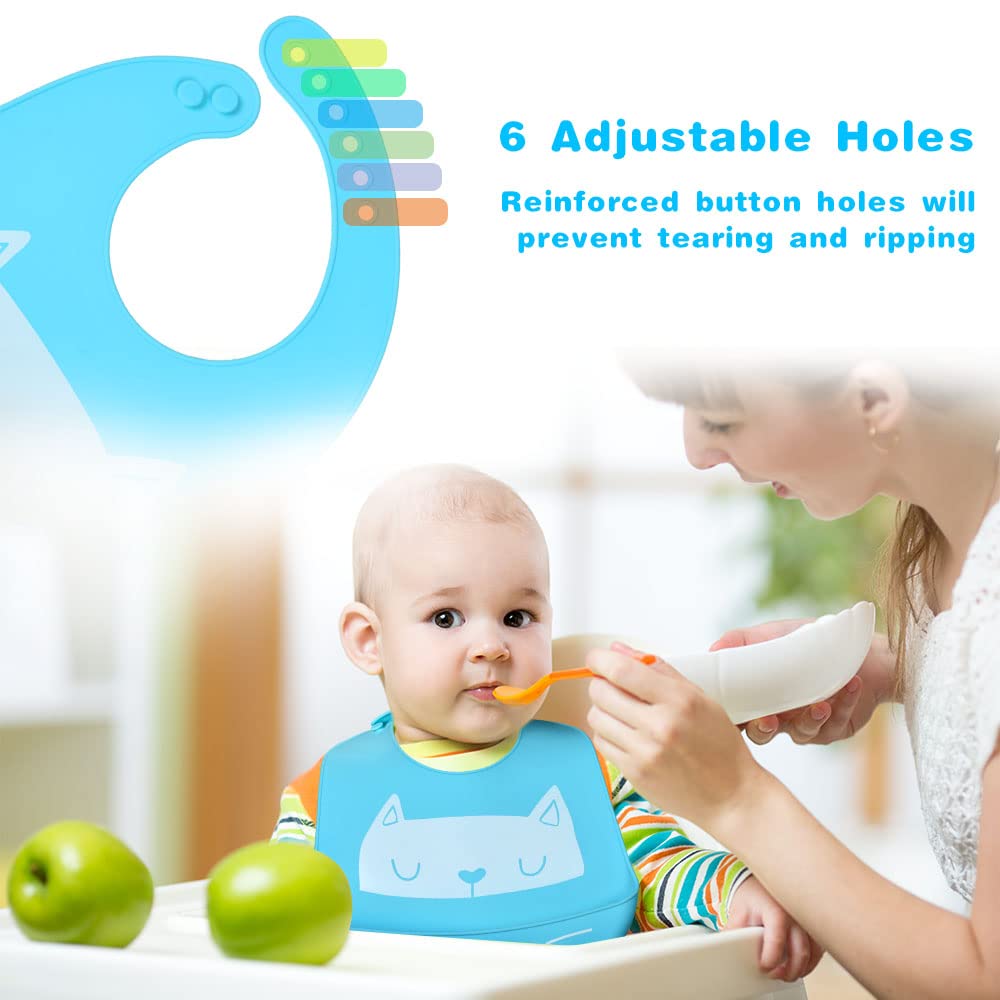 Vicloon Bavaglini Silicone, 2PCS Bavaglino Silicone Impermeabile Senza BPA, Bavaglini Pappa Svezzamento con Tasca Raccoglipappa, 6 Misure Regolabili, per Bambini e Neonati