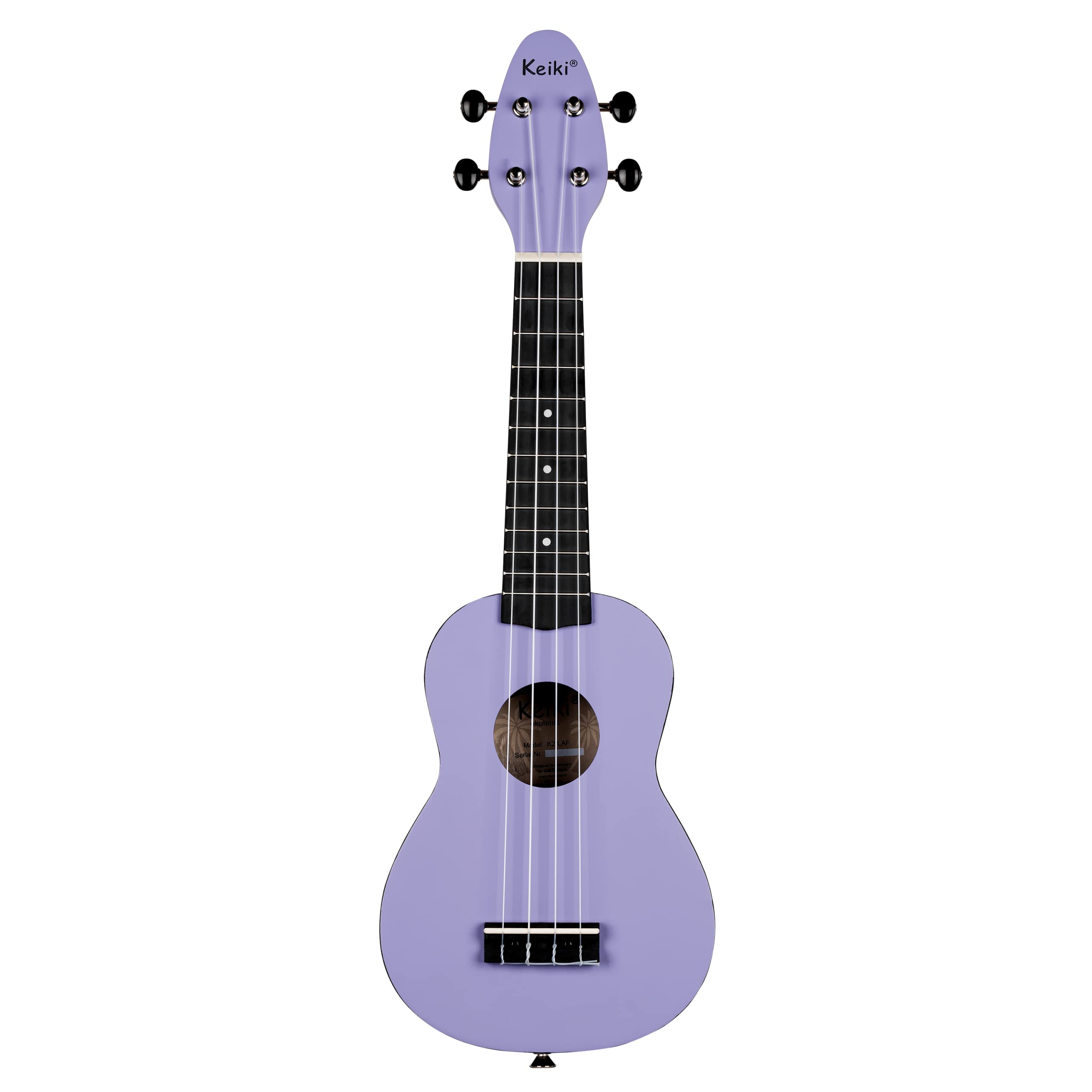 Ortega Guitars Ukelele Soprano púrpura - Keiki K2 - Kit de inicio incluye afinador, correa, 5 púas medianas y bolsa de dibujo - pastel/lavanda (K2-LAF)