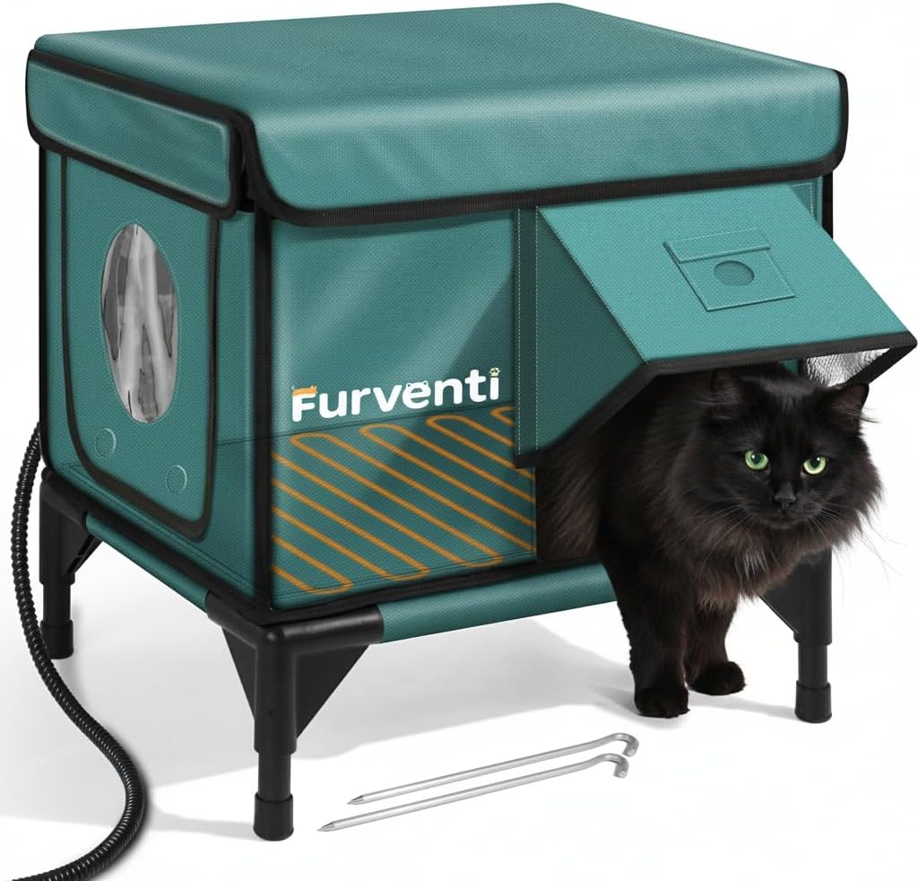 Heated Cat House for Outdoor Cats, Waterproof Insulated Outdoor Cat House with Heating Pad, Weatherproof Elevated Heated Cats House for Outside Feral Cats(Deep Green, 16.5" L x 12" W x 18" H)