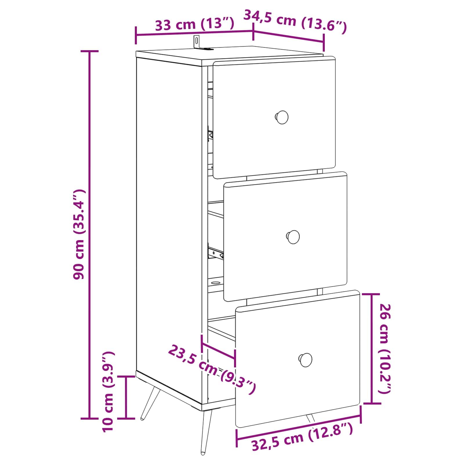Cassettiera nera, 33 x 34,5 x 90 cm, in legno, moderno, con 3 cassetti, per ufficio, soggiorno e corridoio, stabile