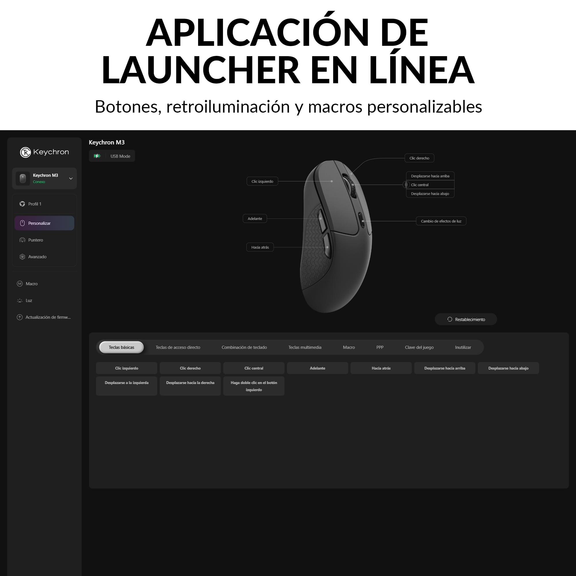 Keychron M3 Ratón Inalámbrico Programable, 2.4 GHz/Bluetooth 5.1 / USB-C, Sensor PAW3395, 26.000 dpi, Retroiluminación RGB, Ultraligero (79 g), Diseño ergonómico, Ratón Gaming para PC y Mac – Negro