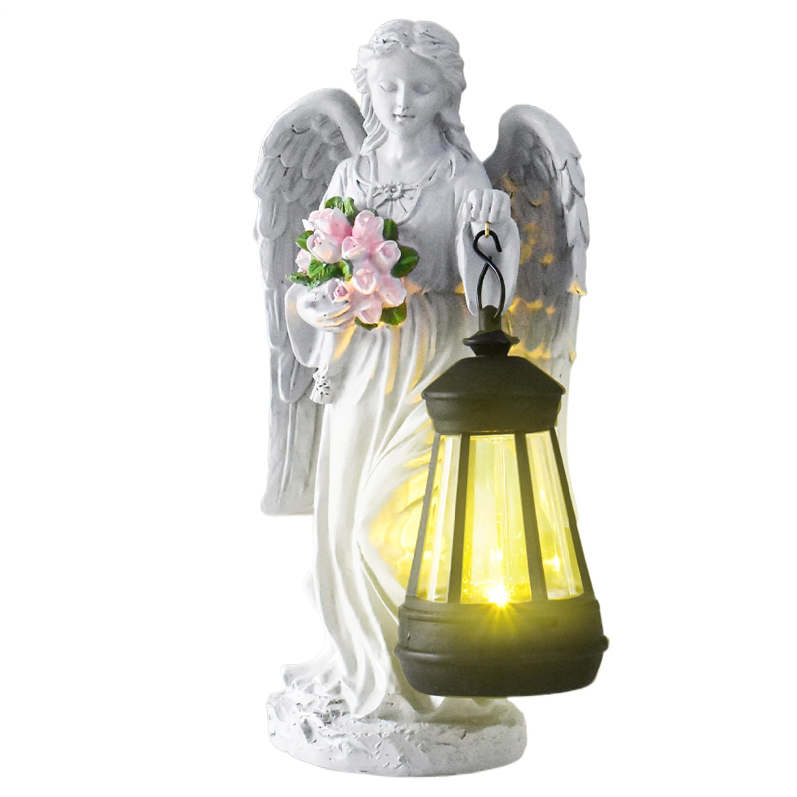 Genérico Solar Garden Angel, Resin Memorial Figurka, Outdoor Yard Ornament, 9 x 5,5 x 2,7 Light-Up Decorative Statue with Flower Accent, Idealny na patio, ganek, cmentarz i spacer