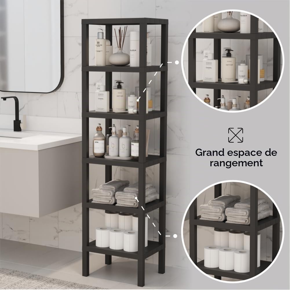 sugodesign OMBEG Étagère flexible à 6 niveaux en plastique - Capacité de charge de 10 kg par niveau - Montage sans outil - Pour salle de bain, cuisine, bureau - Noir
