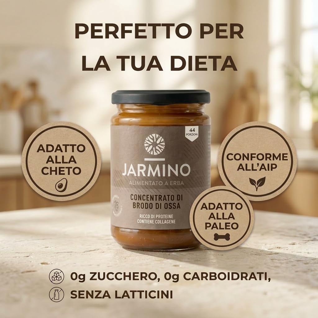 JARMINO Brodo di Ossa Biologico Concentrato, Bone Broth di Manzo da Allevamento al Pascolo e Nutrito a Erba, Brodo Liquido con Collagene Tipi 1 2 3, Keto Paleo AIP, 220 g, 22 Porzioni