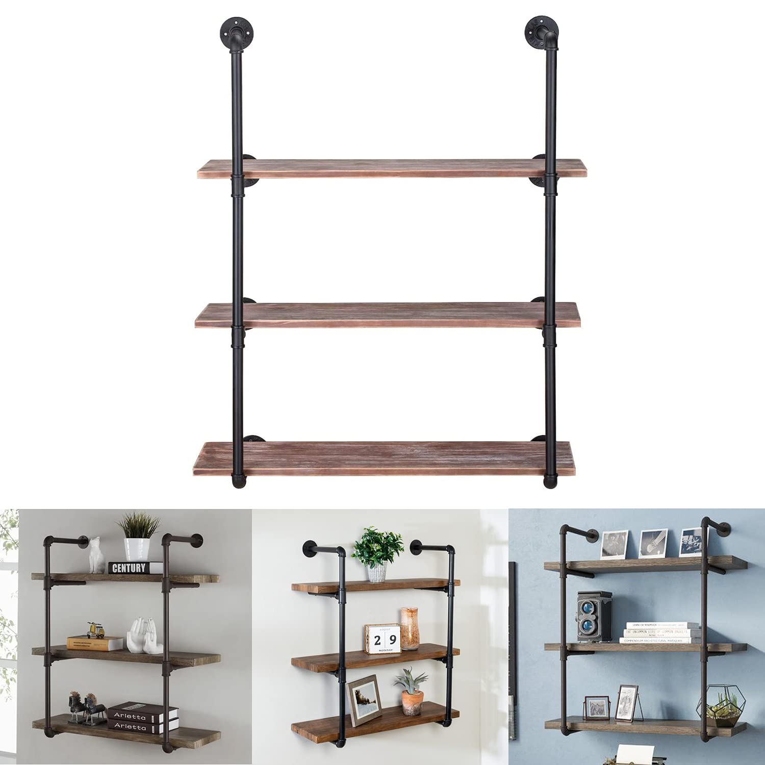 Industrial Pipe Shelf Brackets Retro Wall Mounted Iron Pipe Shelf Storage Rack DIY Wall Shelf Unit Bookshelf Hanging Wall Shelves,Farmhouse Kitchen Bar Shelving（2 Pcs,4 Tier,37” Tall,12” Deep,Black）