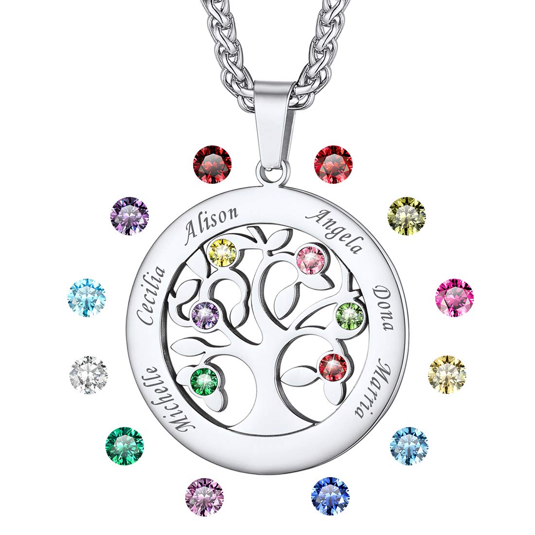 Mother Necklace Personalized Engrave Name Jewelry|2/3/4/5/6/7 Children Friend Family Names Necklace with Birthstone for Women Girls,Pendant for Mom Grandma,Wife