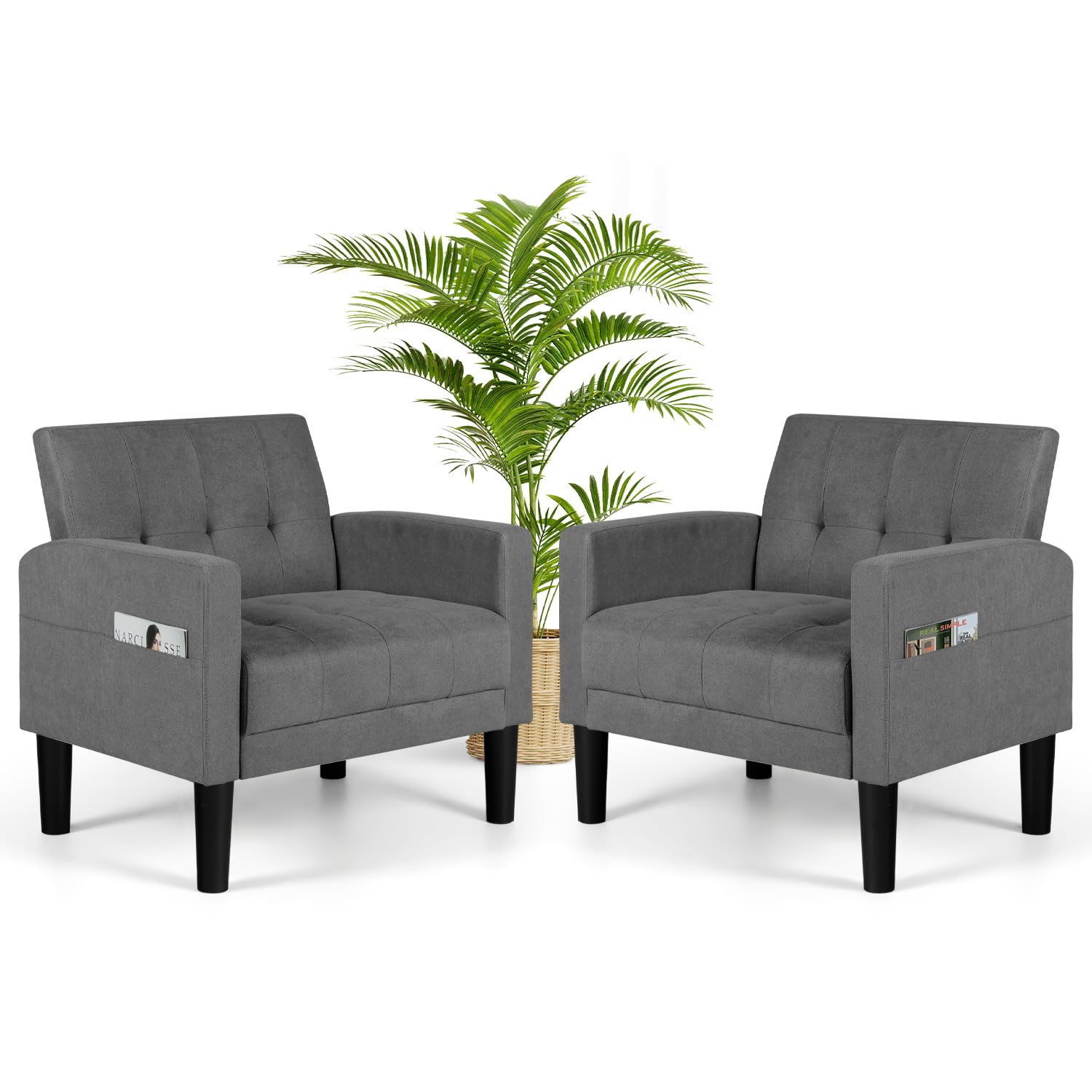 AILEEKISS Accent Chairs Set of 2 for Living Room, Upholstered Comfy Armchair, Modern Fabric Single Sofa Chair with Side Pockets, Reading Arm Chairs