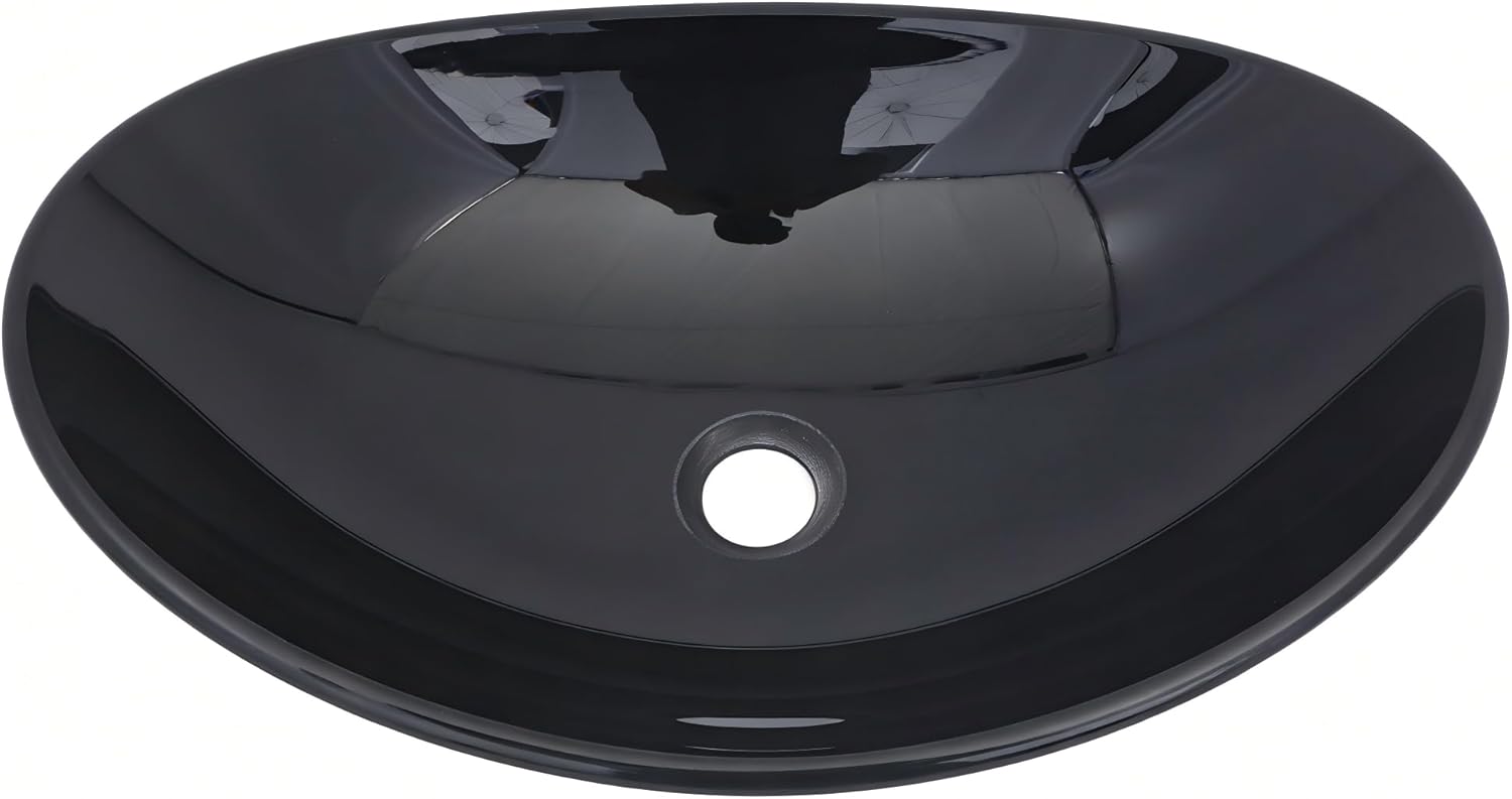 Bathroom Sink 21 Inch Black Glass Vessel Sink Modern Boat Shape Artistic Basin Bathroom Vessel Sink Above Counter 6.6" Deep Oval Sink