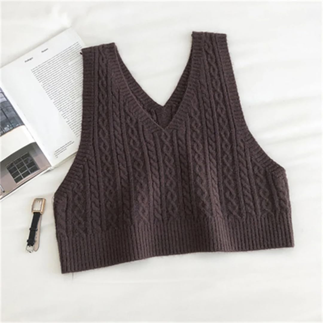 [Ornrjfll] レディース ショート ニット セーター ノースリーブ ベスト レディース Vネック プルオーバー クロップ ウ