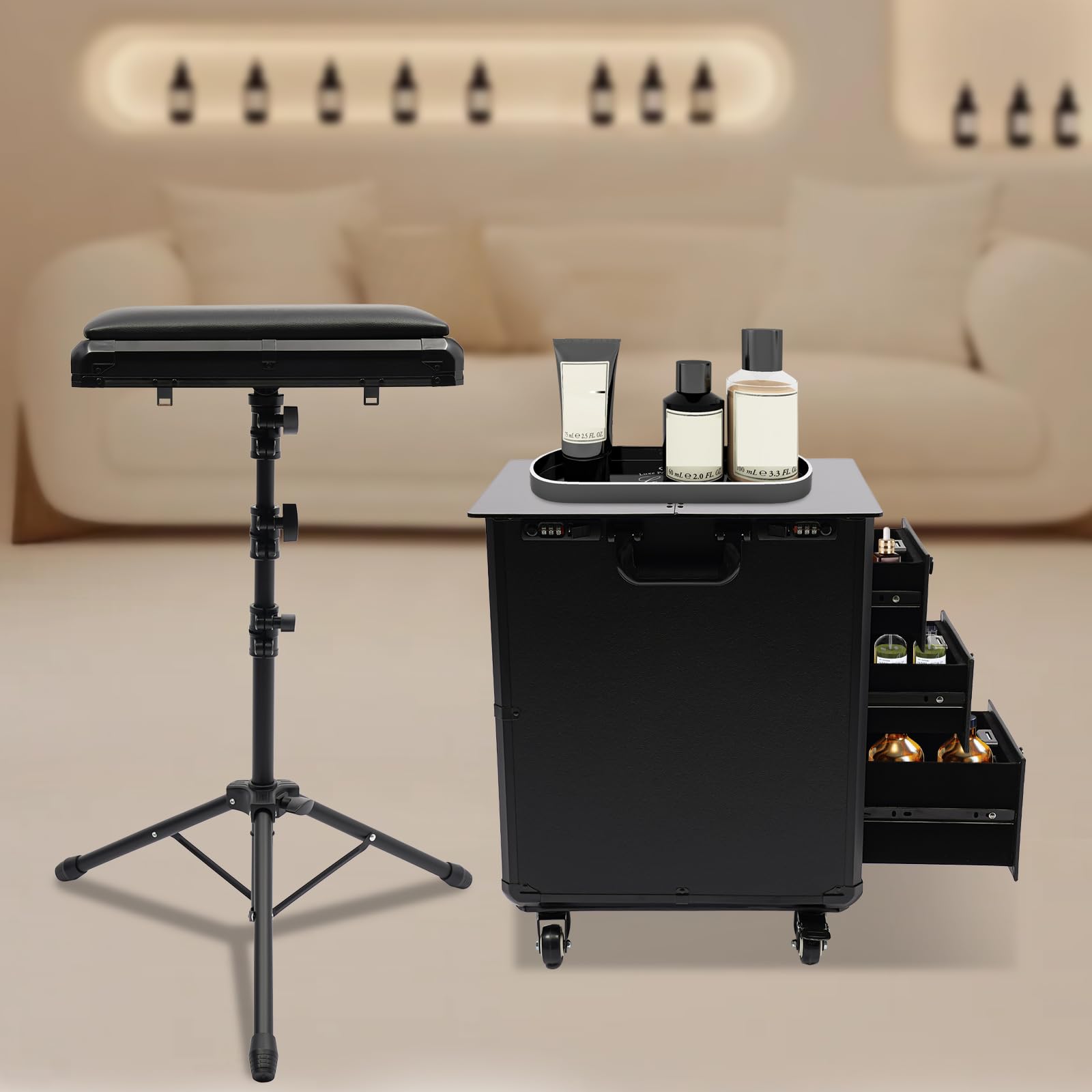 Valise de Maquillage Professionnel Trolley Esthétique Hauteur Réglable du Tirant Avec 3 Tiroirs et Trépied Amovible,Valise Coiffure Rolling Maquillage Valise,Pour Maquilleurs, Manucures,42*28*53cm