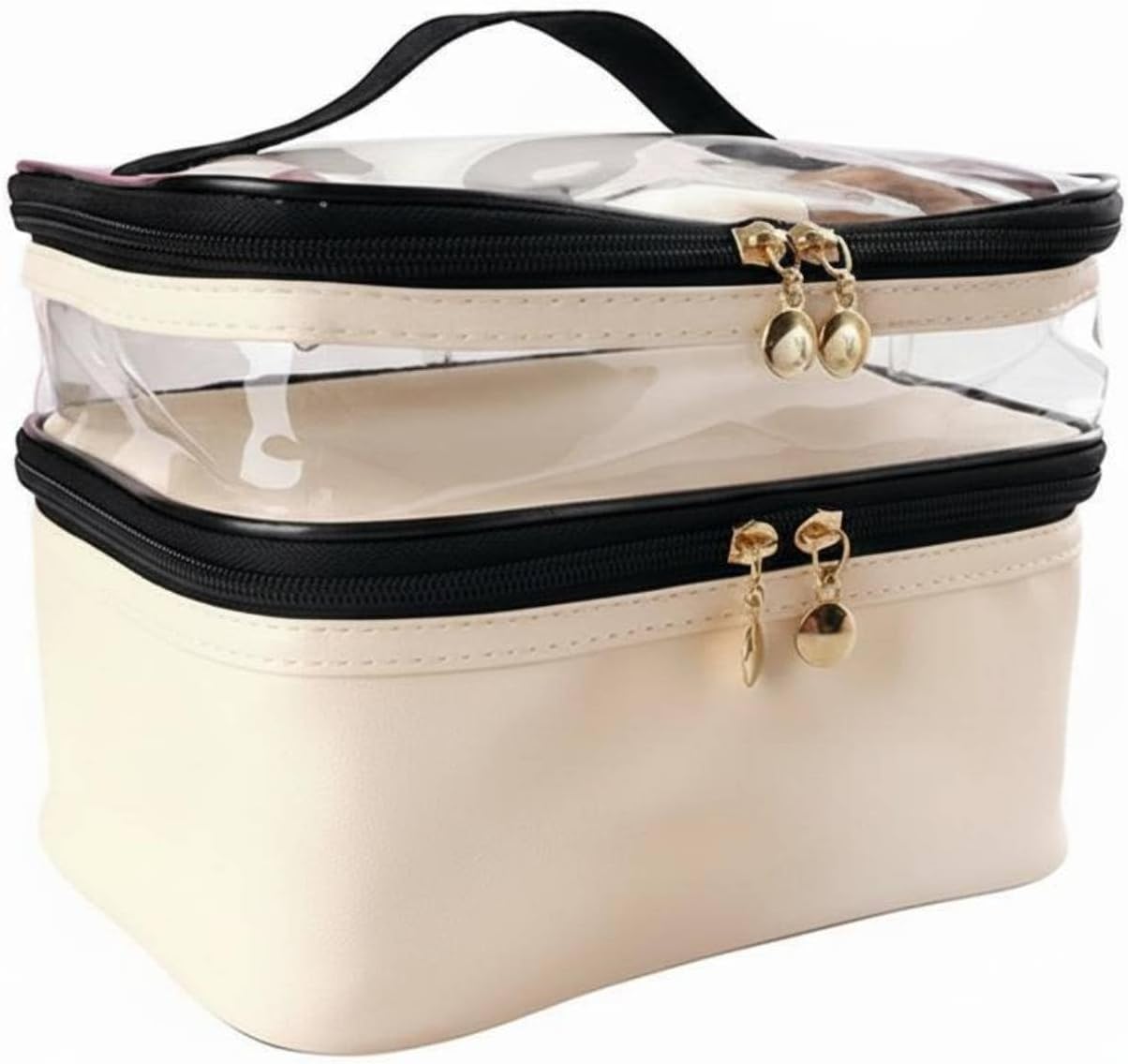 Cosmetic Pouch Makeup Bag Toiletry Bag Travel Case Organizer With Double Layer Structure Clear Visibility Waterproof PU PVC Spacious Capacity Suitable, Beige, Beige