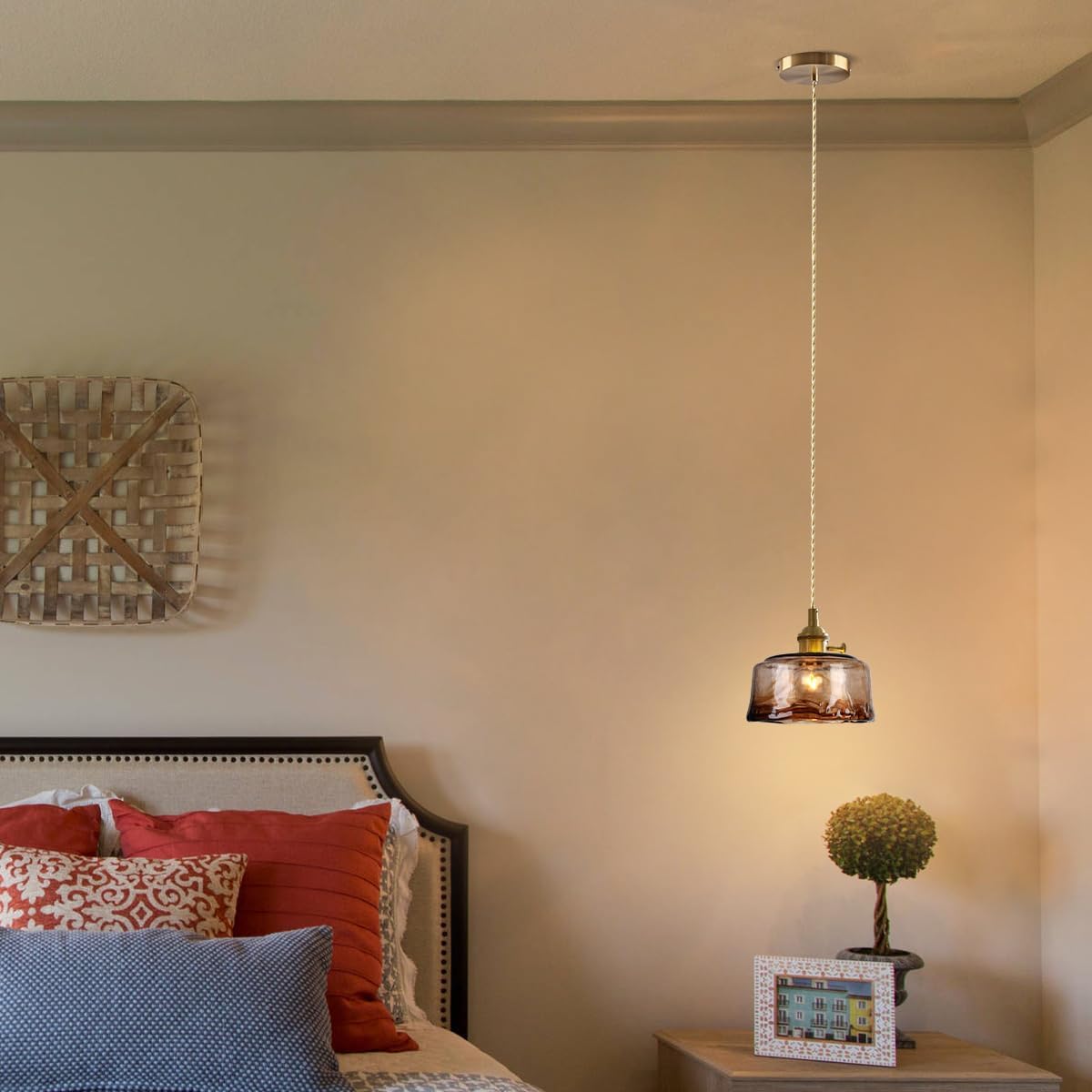 Glass Pendant Lights Kitchen Island Dimmable Mini Pendant Lighting Amber Glass Lampshade for Bedside Dining Room Foyer, Brass