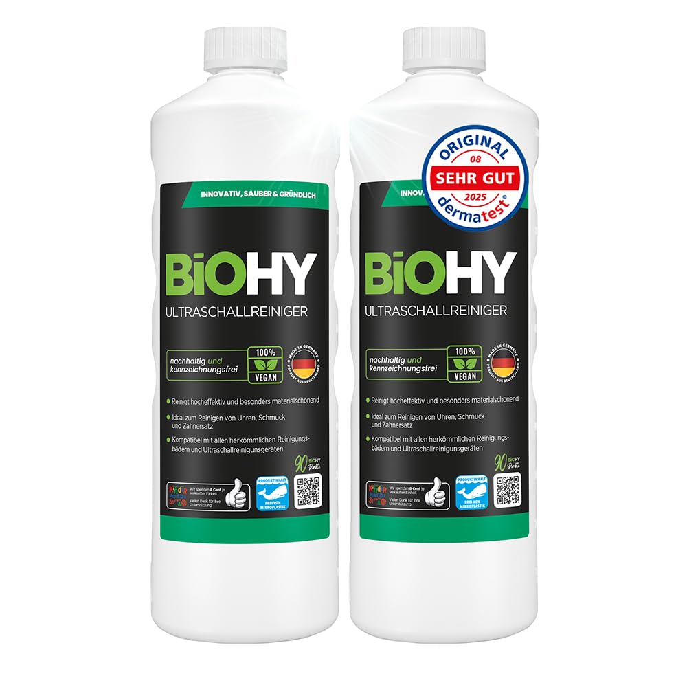 BiOHY Limpiador ultrasónico (2 botellas de 1 litro) | limpieza intensiva y suave de gafas, productos dentales, oro, monedas y joyas (Ultraschallreiniger)