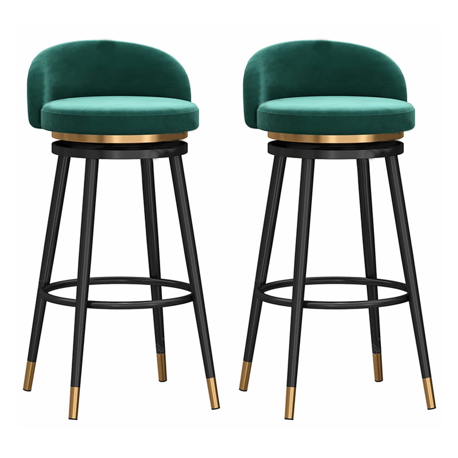 AYCDL 2pcs 360° Swivel Barstools Counter Height Stool Bar Stools, Velvet High Bar Chairs with Backrest and Footrest, Upholstered Stools for Kitchen Island,Black Green-75cm