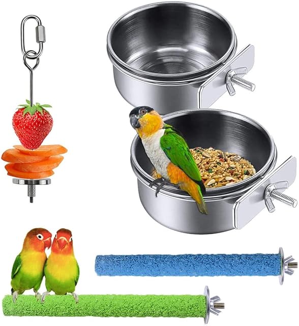 Shinever 2 Pcs Bird Feeding Dish Cups, Stainless Steel Bird Bowl with 2 Pcs Bird Cage Stands and 1Pcs Bird Fruit Holder, Perch Bird Cage Cup Holder with Clamps Parrot Food Bowl for Cage