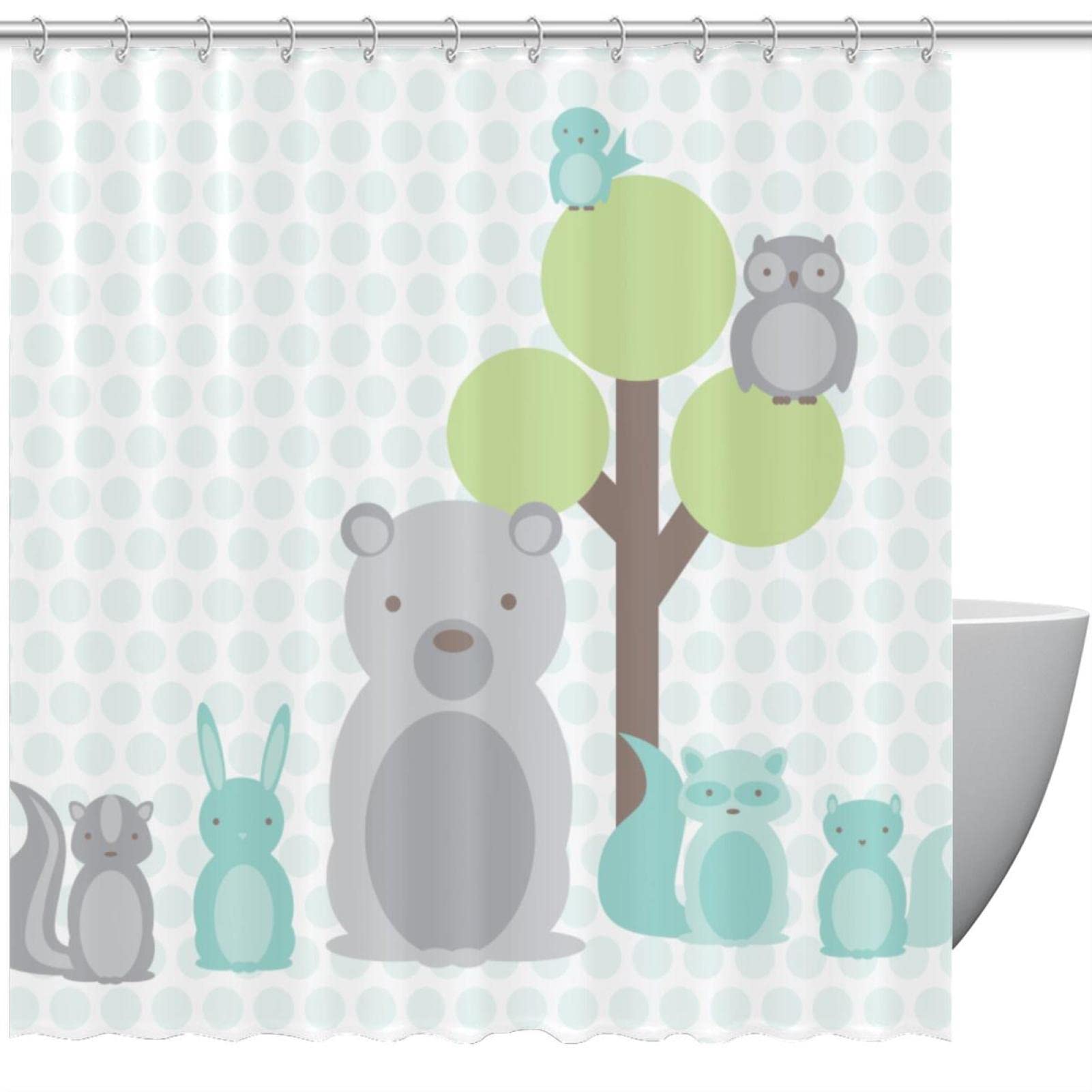 Rideau de douche anti-moisissure imperméable 12 crochets motif animaux de la forêt