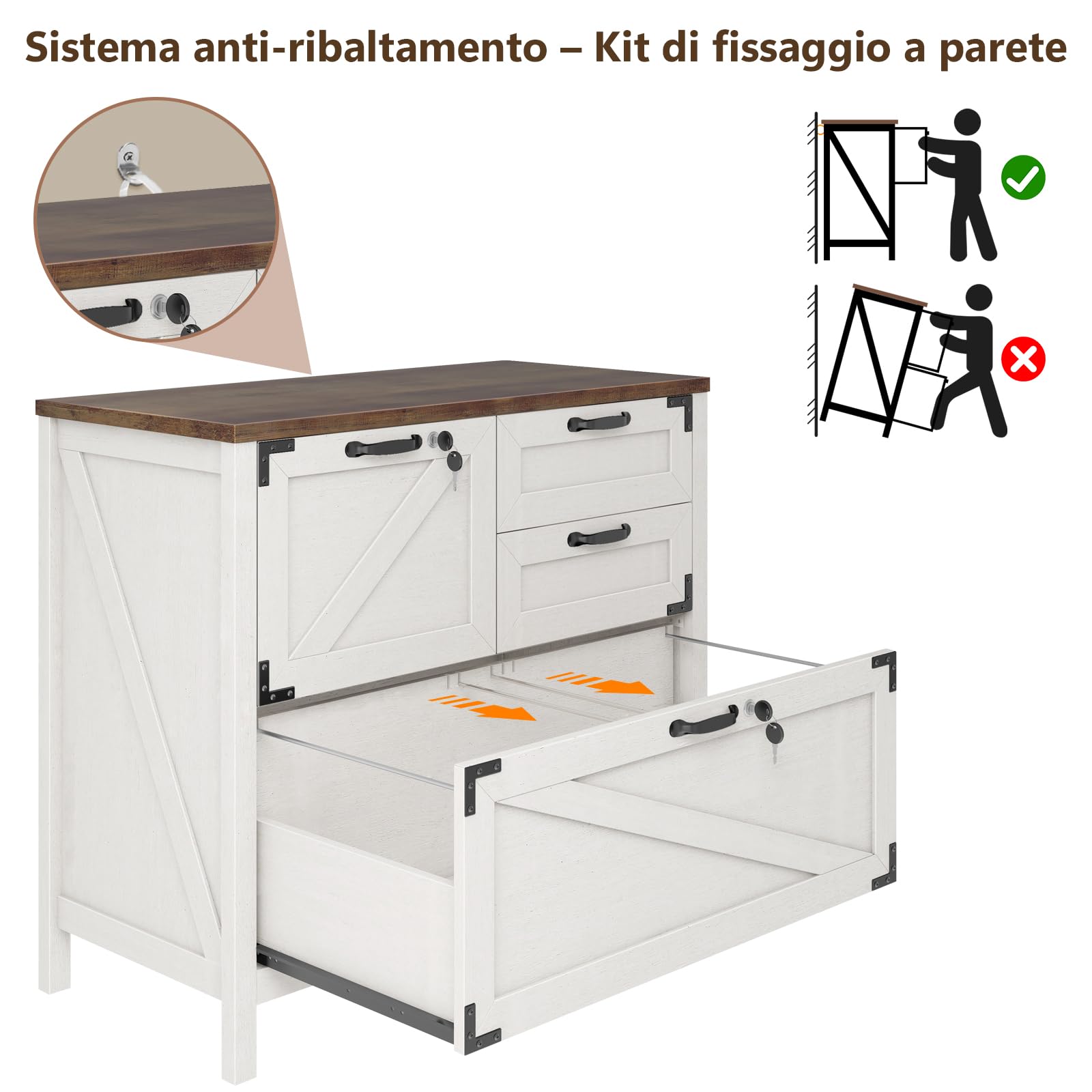 BonVache Armadietto con 3 cassetti e ante, in stile rustico, in legno, bianco, per ufficio domestico, con ripiano per stampante, adatto per cartelle sospese A4/lettere