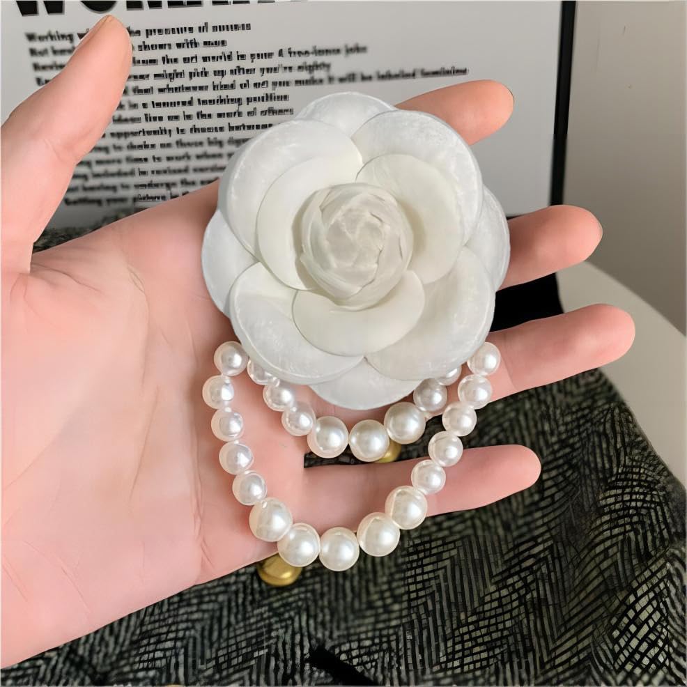 Image of Fabric Camellia Flower Brooch Pins Pearl Tassel Brooches Hair Hairpin Headpieces Shawl Clips Shirt Jacket Wedding Clothes Accessories Jewelry for Women Fashion