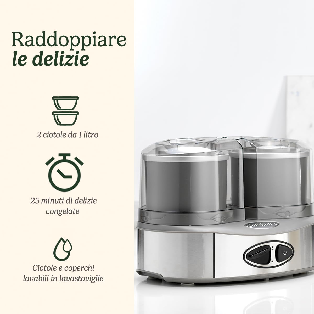 Cuisinart Duo Ice Cream Maker | Sforna 2 gusti contemporaneamente | 2 x 1L Macchina per gelati e gelati fatti in casa | Sorbettiera | Gelatiera | Yogurtiera | Grigio