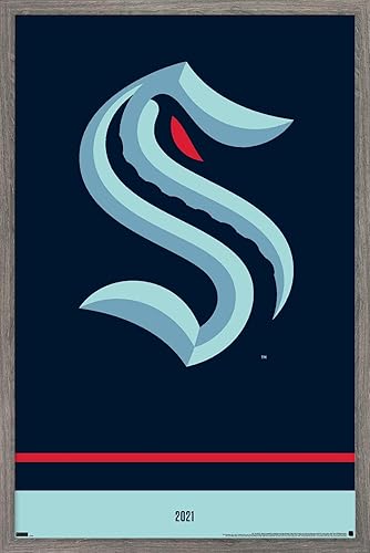 Trends International NHL Seattle Kraken - Póster de pared con logotipo 21, 22.375 x 34 pulgadas, versión enmarcada de madera de granero