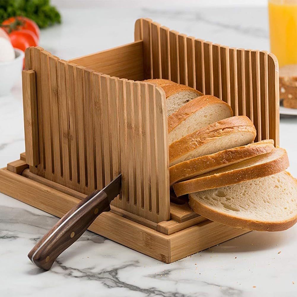 DAZZLEEX Cortador de pan de madera, tabla de cortar pan plegable de madera con bandeja para recoger migas para pan, tostadas（Wave)