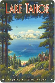 Pacifica Island Art Lake Tahoe California - Riding Boating Swimming Fishing Hiking Golf - Vintage Travel Poster by Kerne Erickson - 8 x 12 inch Vintage Metal Tin Sign