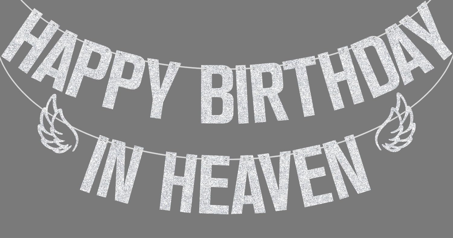 Sliver Glitter Happy Birthday in Heaven Banner, Heavensent Birthday Cake Décor, Funny Heavenly Angel Wing Birthday Party Decorations Supplies