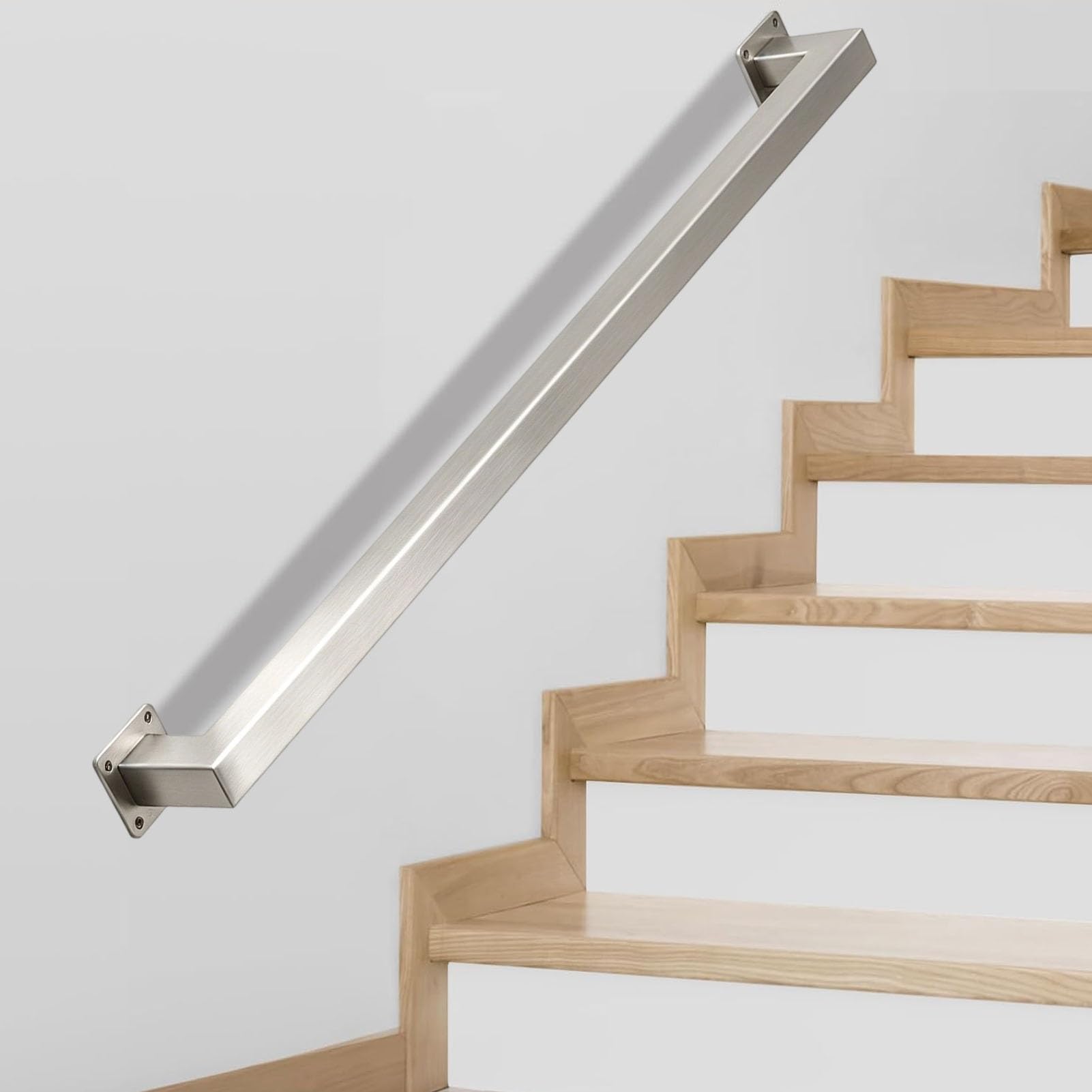 Junvstor Stair Handrails for Walls Stainless Steel, 120cm 240cm 400cm Metal Wrought Iron Square Pipe Staircase Banister, Modern Non-Slip Grab Bar Rail for Outdoor Indoor Steps(16ft/480cm)