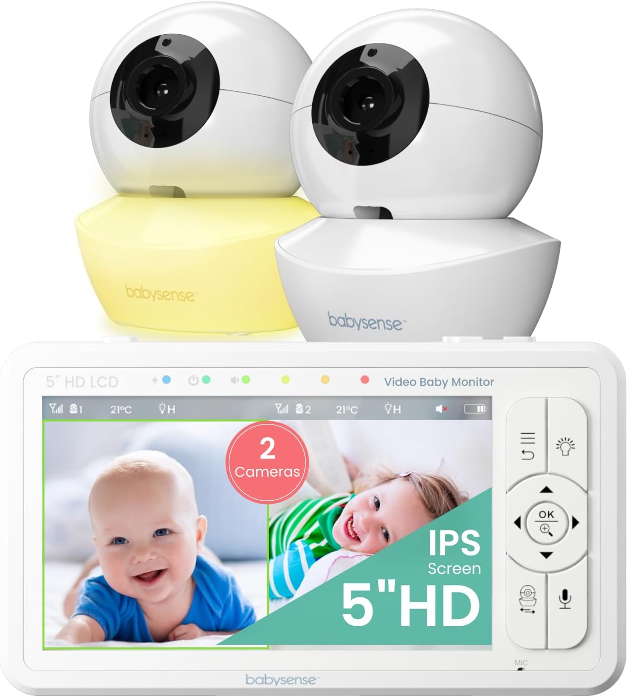 - 5" HD Split-Screen Baby Monitor, Video Baby Monitor with 2 Cameras and Audio, Night Light, 1000ft Range, Two-Way Audio, 4X Zoom, Night Vision, 4000mAh Battery