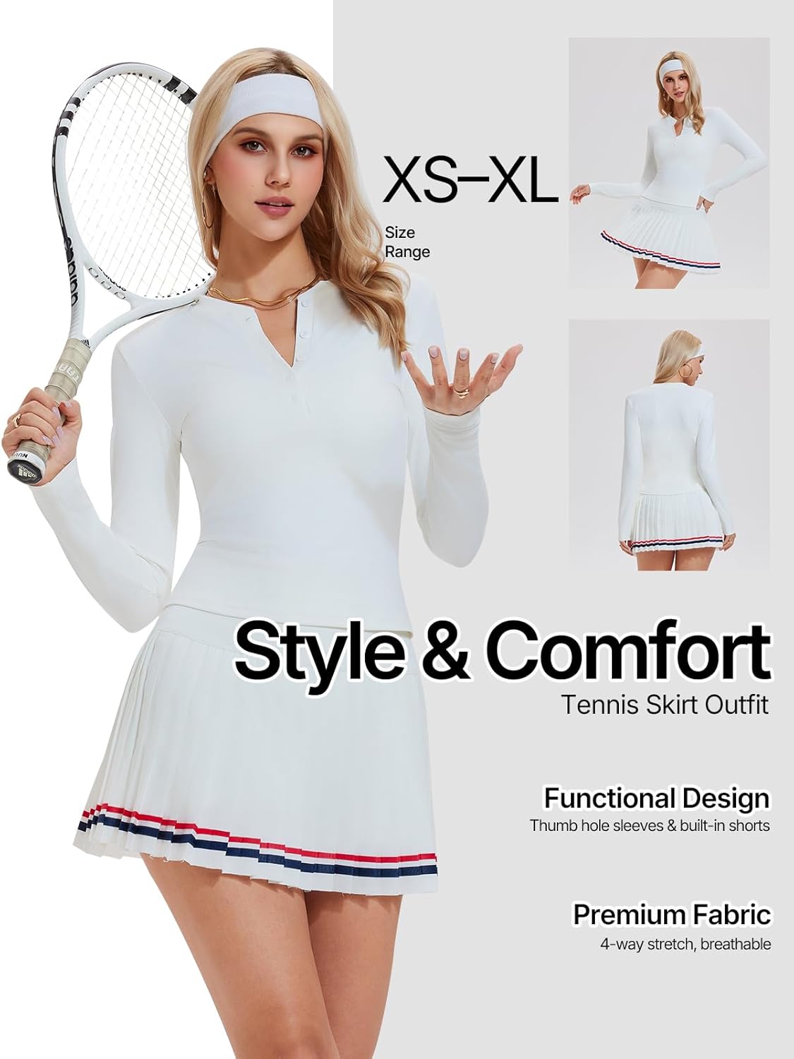 Women's Tennis Skirt Set 2 Piece Long Sleeve Henley & Pleated Skort - Pickleball Outfits, Athletic Dress Alternative - Image 2