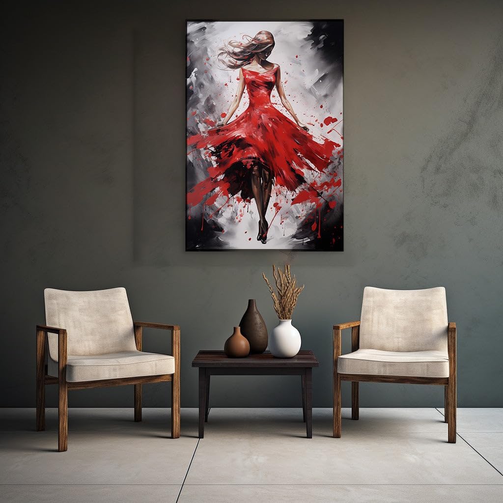Canvas for Living room. Dancing in Crimson Elegance A Vivid Brushstroke of Movement and Color Against Monochrome Silence, 27 x 18 inch Canvas Wall Art - Abstract By Atmosphere - Zen Wall Decor