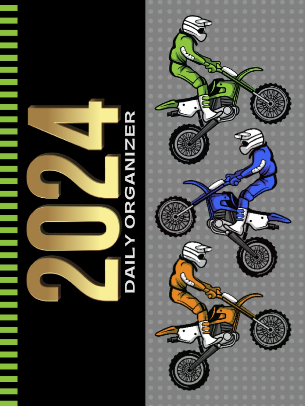Agenda journalier 2024 grand format avec illustration de moto colorée, une idée cadeau utile