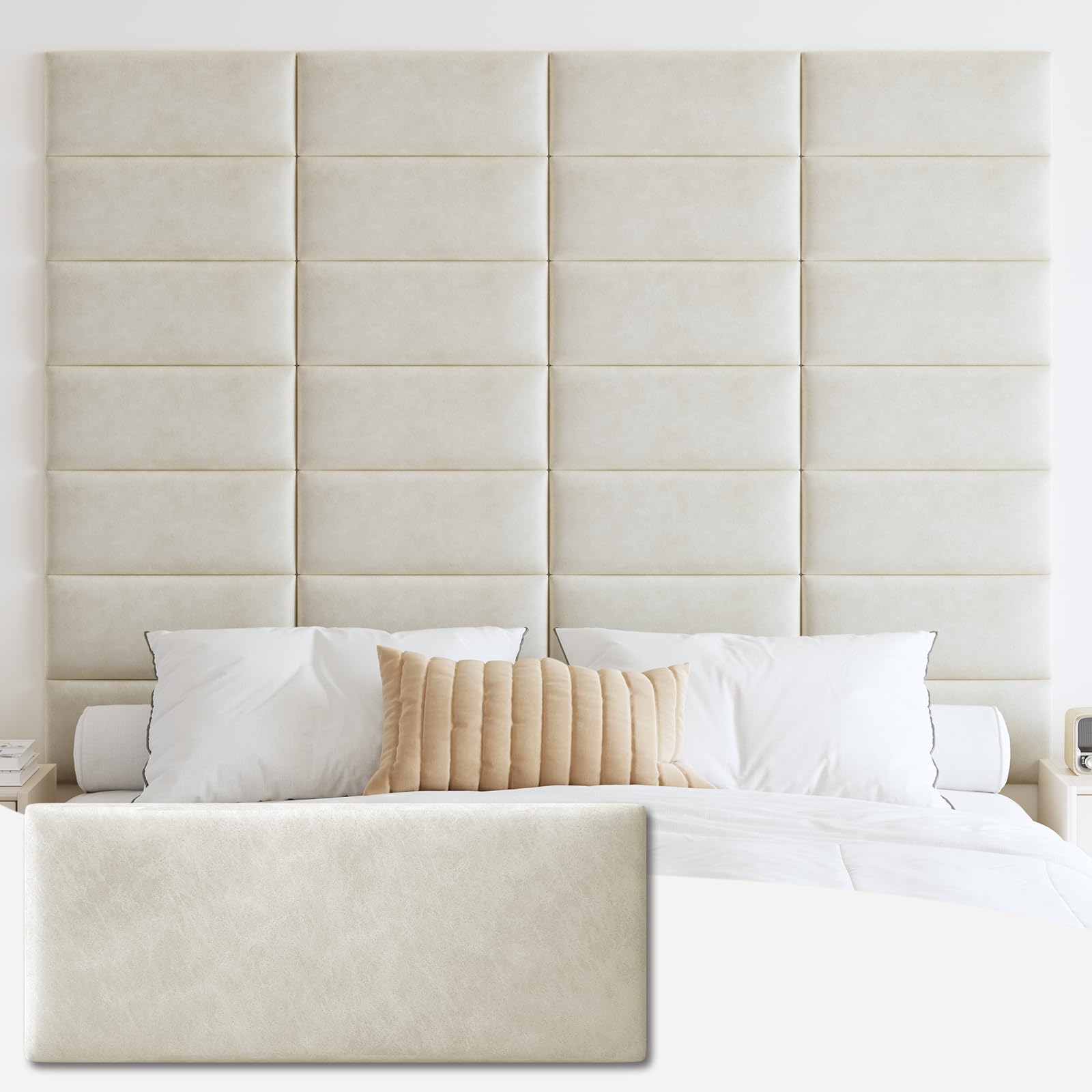 Wall Mounted Upholstered Headboard Queen, 3D Peel and Stick Soundproof Wall Panels, Reusable and Removable Padded Headboard Leather Bed Headboard, 9 Panels Headboard 9.84" x 23.62", Ivory White