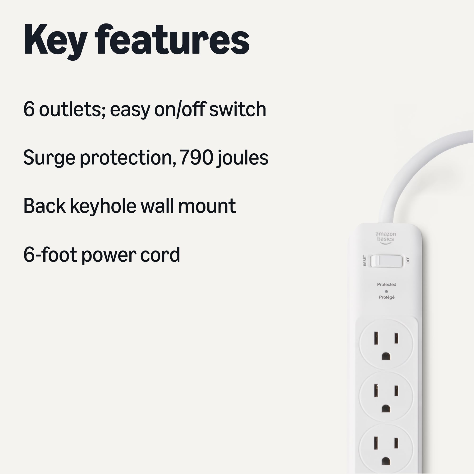 Amazon Basics Surge Protector Power Strip, 6-Outlet, 790 Joules, 6ft Extension Cord, White