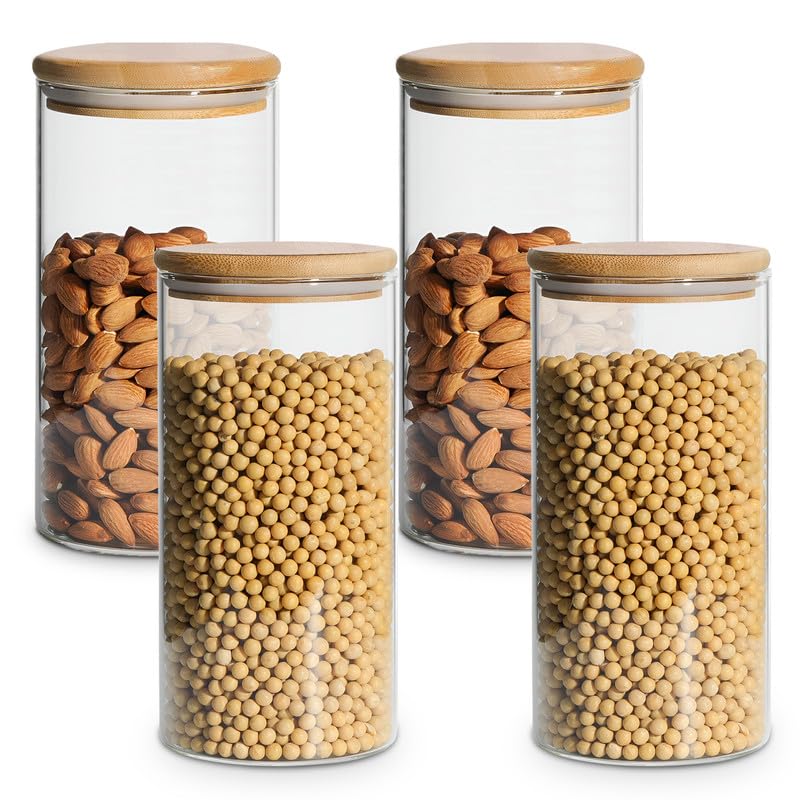 Image of Allo 1000ML Kitchen Storage Box Glass Jars With Wooden Lids - Borosilicate Glass Food Storage Containers Airtight Glass Jar for Tea, Coffee, Spice, Pulses, Masala (Round Glass Jar - Set of 4)