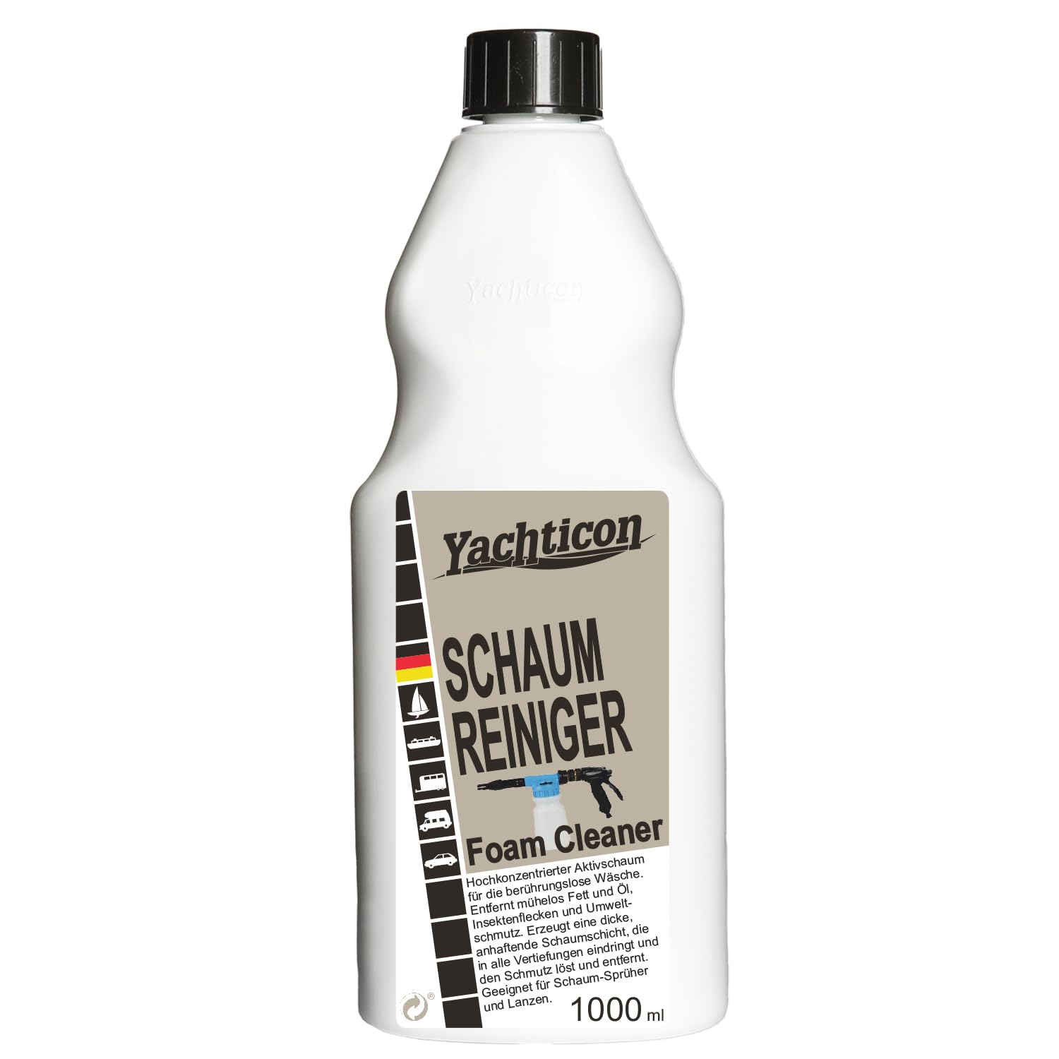 Yachticon Schaumreiniger Kraftvoller Universalreiniger für Boote, Wohnmobile, Auto & Haushalt – entfernt Schmutz, Fett, Nikotin und mehr – Für Kunststoff, Polster, Textilien, Leder u.v.m. (1 Liter)