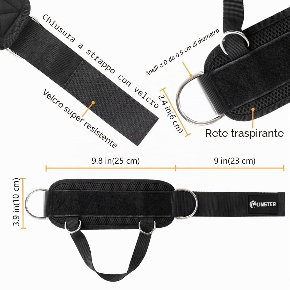 LINSTER 1 Paio Cavigliere Cavi Palestra, Cinghie per Caviglia, Cavigliera Palestra Comfort regolabile in neoprene e rinforzo 4 anelli a D, Cinturini alla Caviglia Attacco per Cavi da Palestra per Allenamento Glutei e Esercizi Gambe