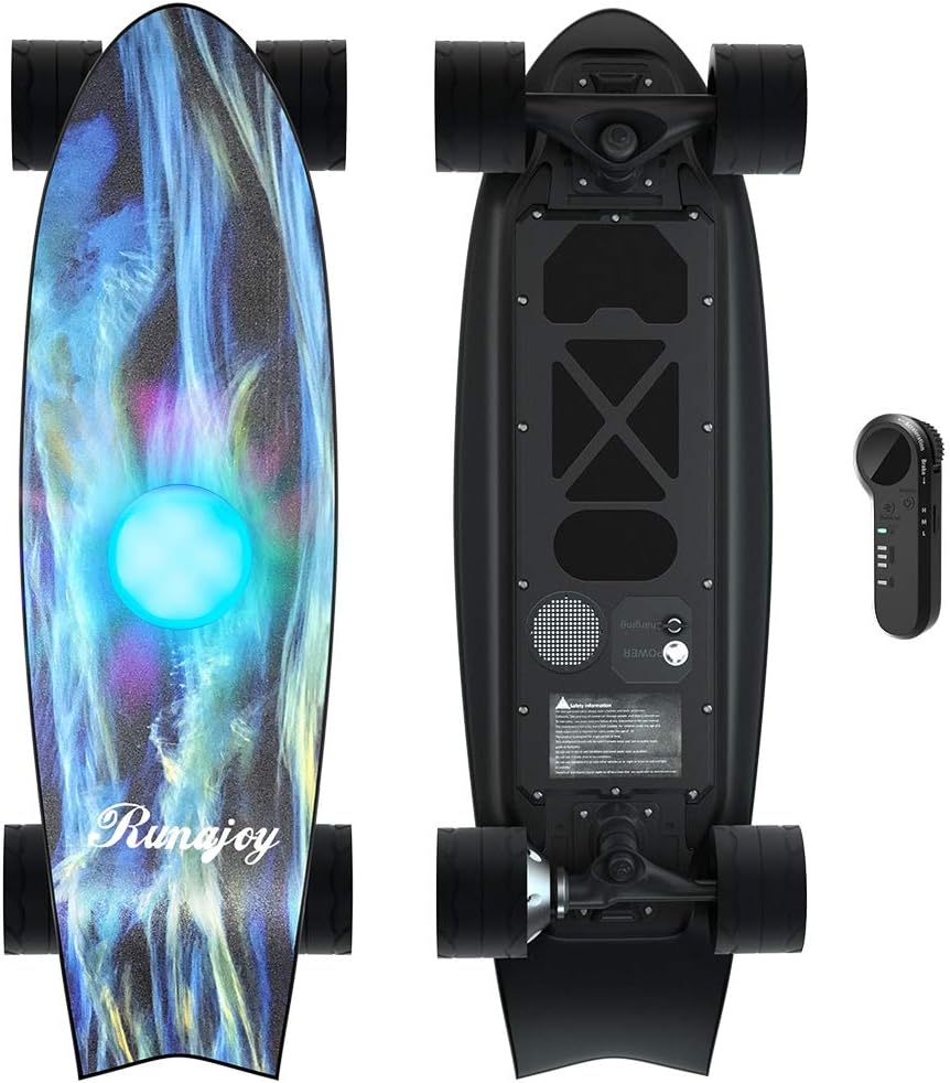 Runajoy H2E Electric Skateboard, Mini Electric Skateboard, 15.5mph Top Speed & 8 Miles Range, 350W Hub Motor, Max Load of 180 LBS, Built-in Bluetooth Speaker & LED Light with Remote Control