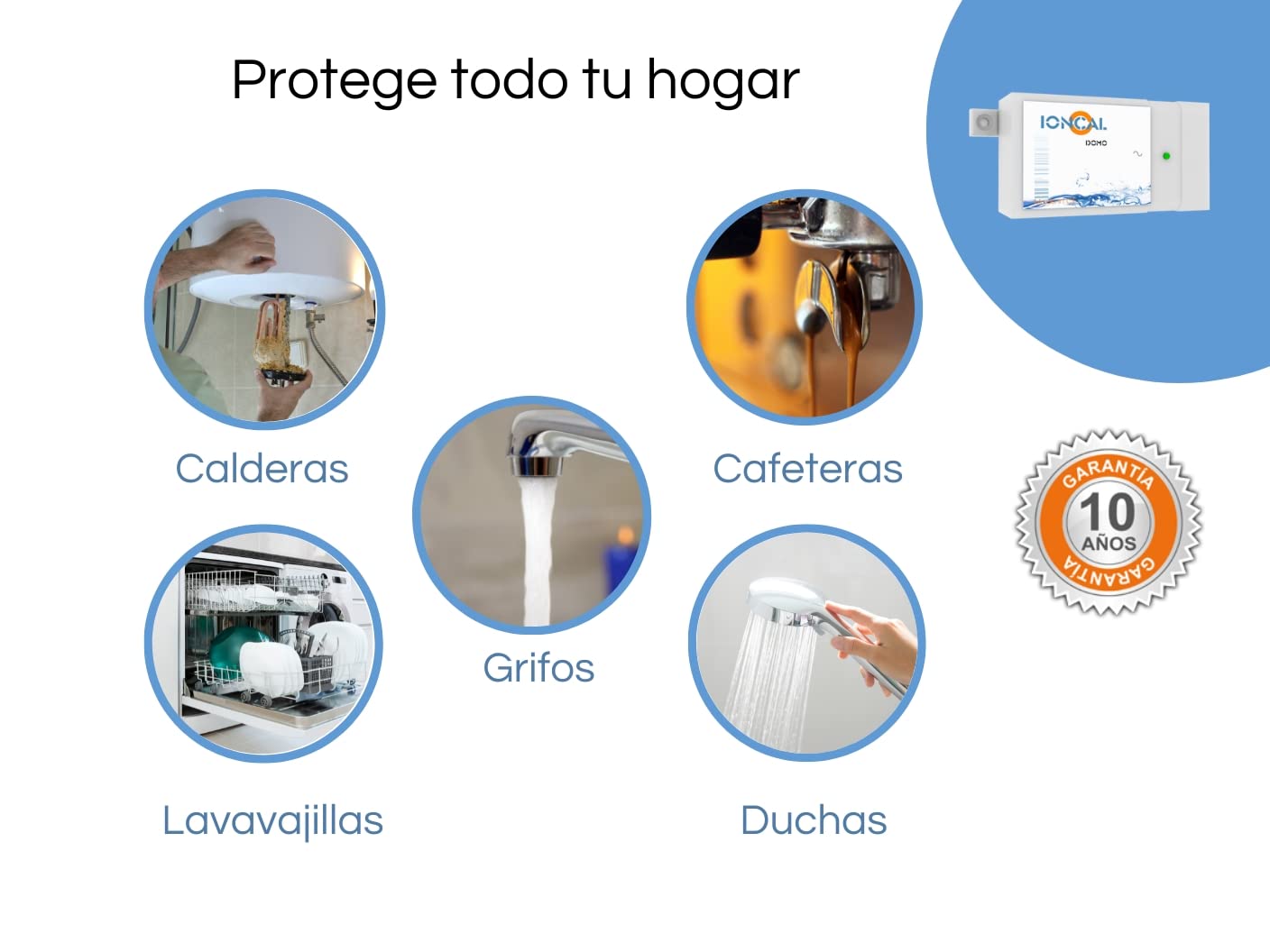 Descalcificador electrónico, ecológico y sin sal para el hogar | Elimine los problemas de cal y ahorre un 60% | Sin mantenimiento | Protege tuberías y electrodomésticos | Garantía 10 años
