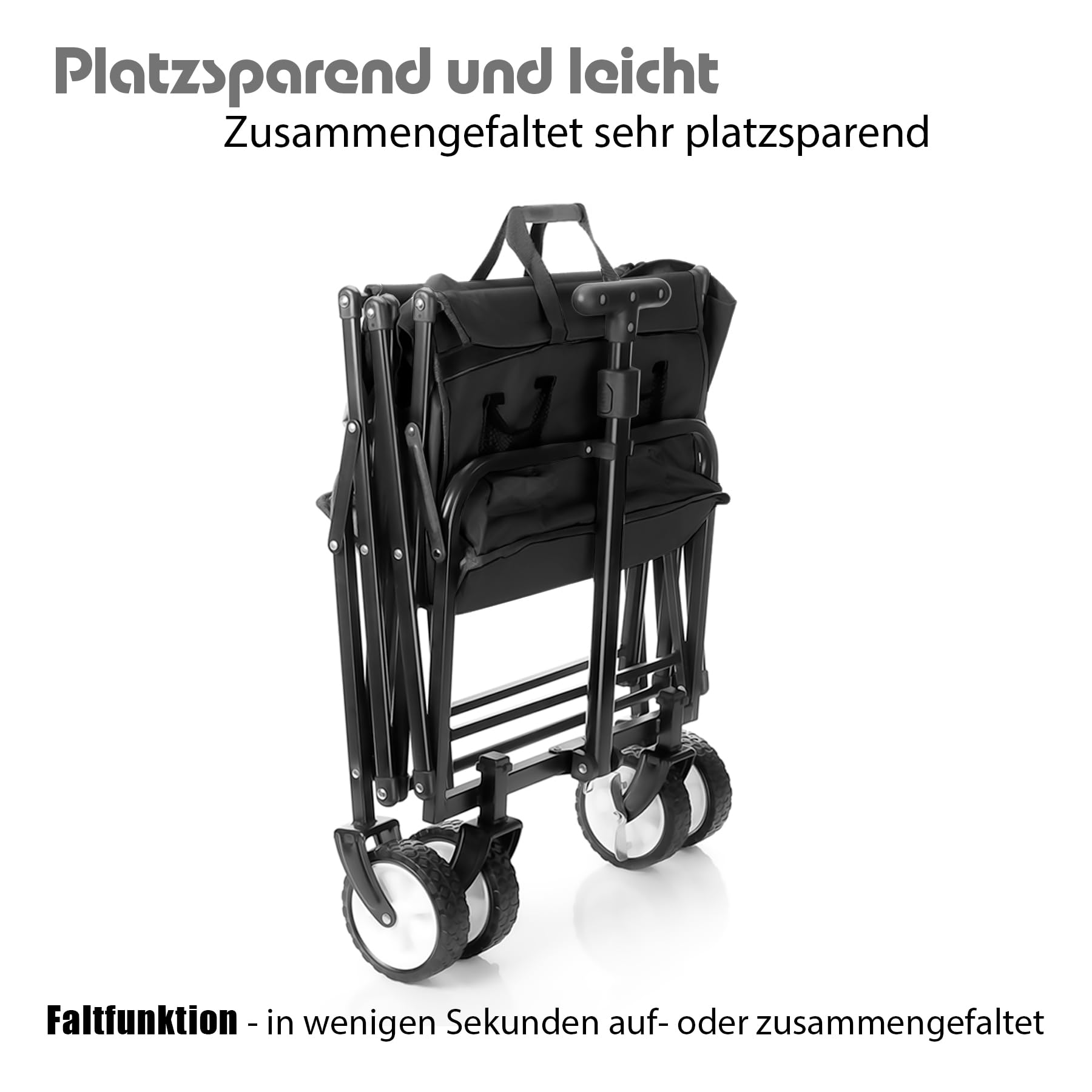 BigDean kompakter Bollerwagen faltbar schwarz bis 80kg belastbar – Kleiner Bollerwagen platzsparend zusammenklappbar für Ausflüge, Camping & Einkäufe